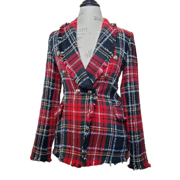 Zara Jackets & Blazers - ZARA | RARE Plaid Tweed Red Checkered Frayed Hem Collared Blazer (Size XS)